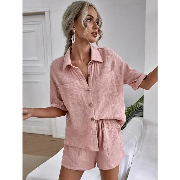 2 piece set: Breast Pocket Button Down Shirt & high waist Shorts coords tan - Picture 5 of 14